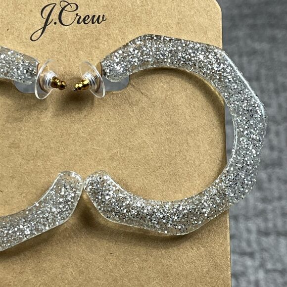 J Crew Silver Glitter Resin Octagon Hoop Earrings Womens Jewelry Statement - Picture 2 of 4